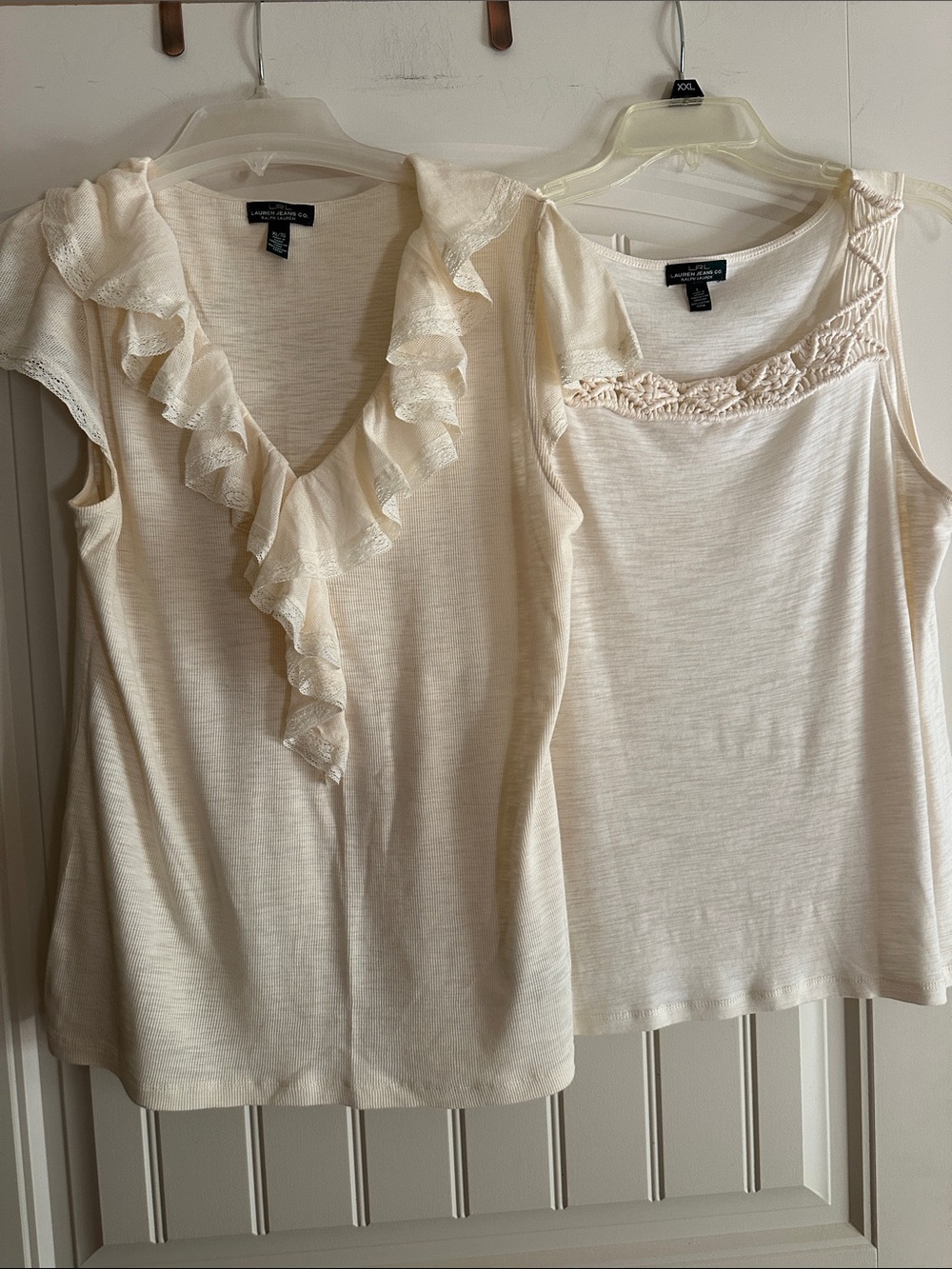 Ralph Lauren Cream Ruffle V-Neck Tank & Cream Lace Scoop Tank Duo
